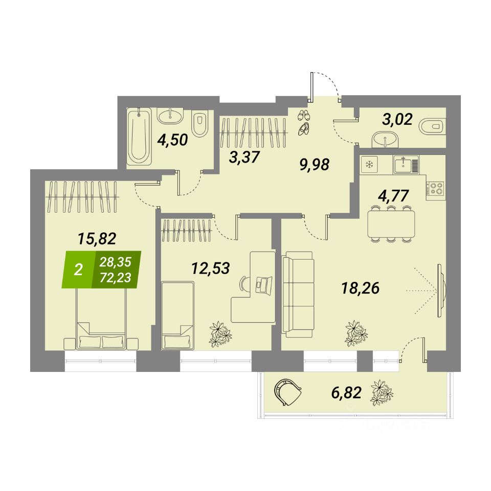 2-комн.кв., 72,2 м², 1/16 этаж