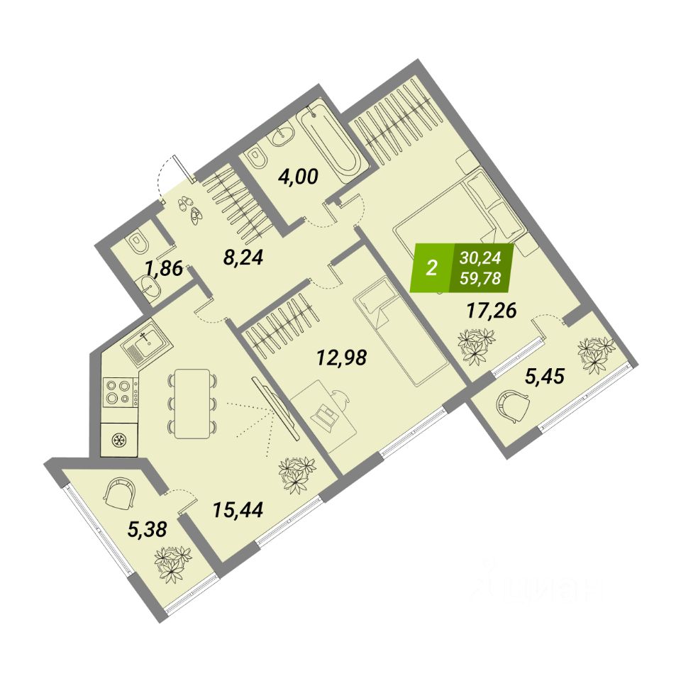 2-комн.кв., 59,8 м², 9/29 этаж