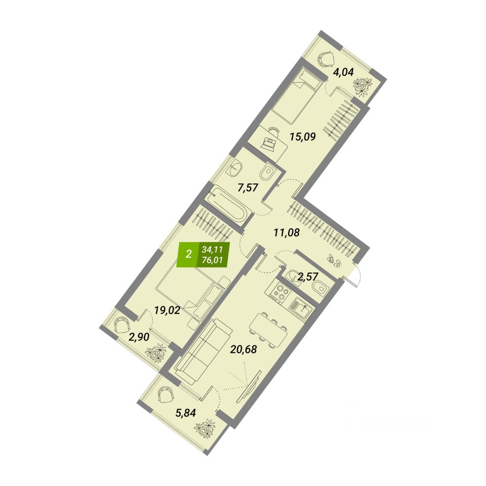 2-комн.кв., 76 м², 10/29 этаж