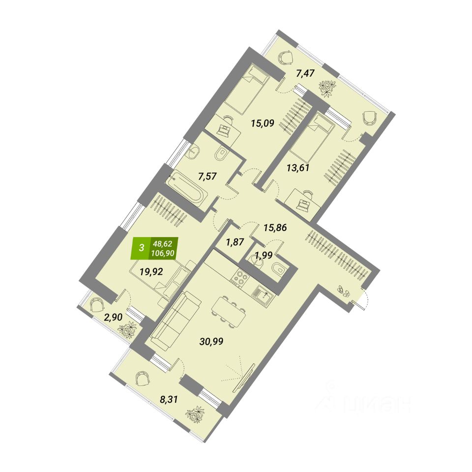 3-комн.кв., 105,7 м², 13/29 этаж