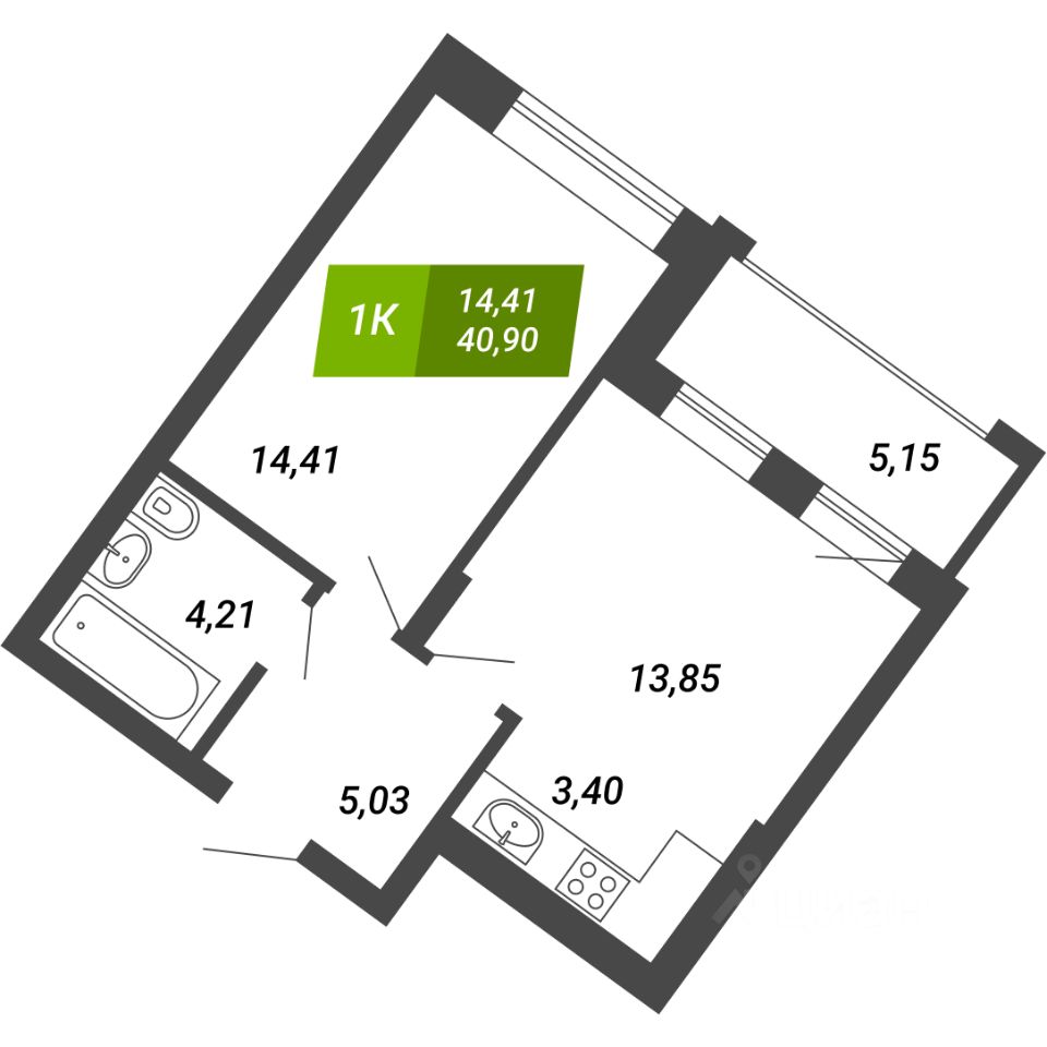 1-комн.кв., 40,9 м², 2/28 этаж
