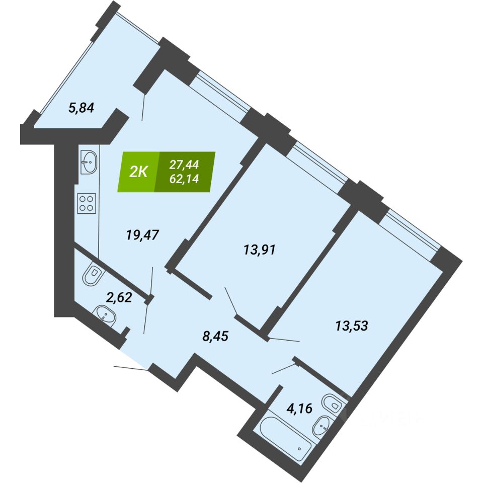 2-комн.кв., 62,1 м², 3/28 этаж