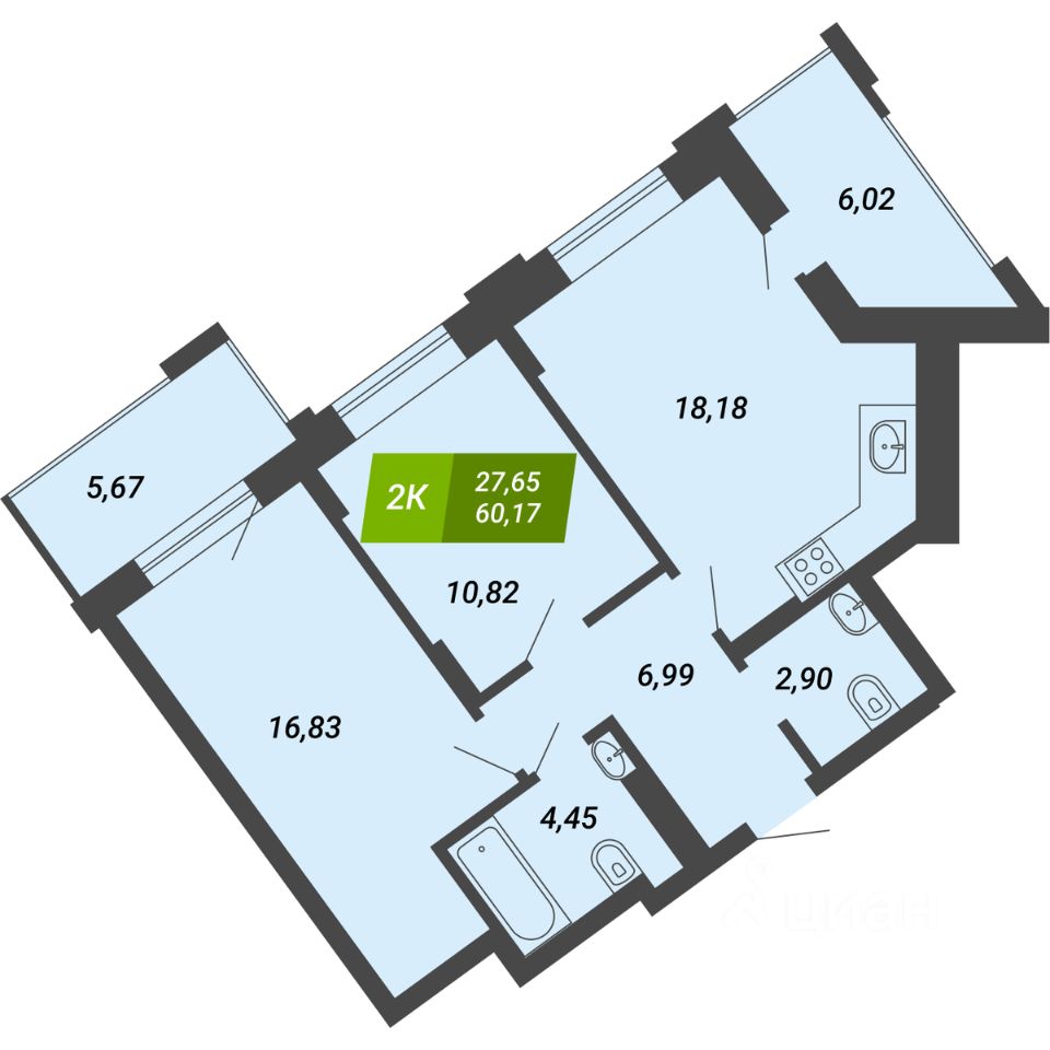 2-комн.кв., 60,2 м², 2/28 этаж