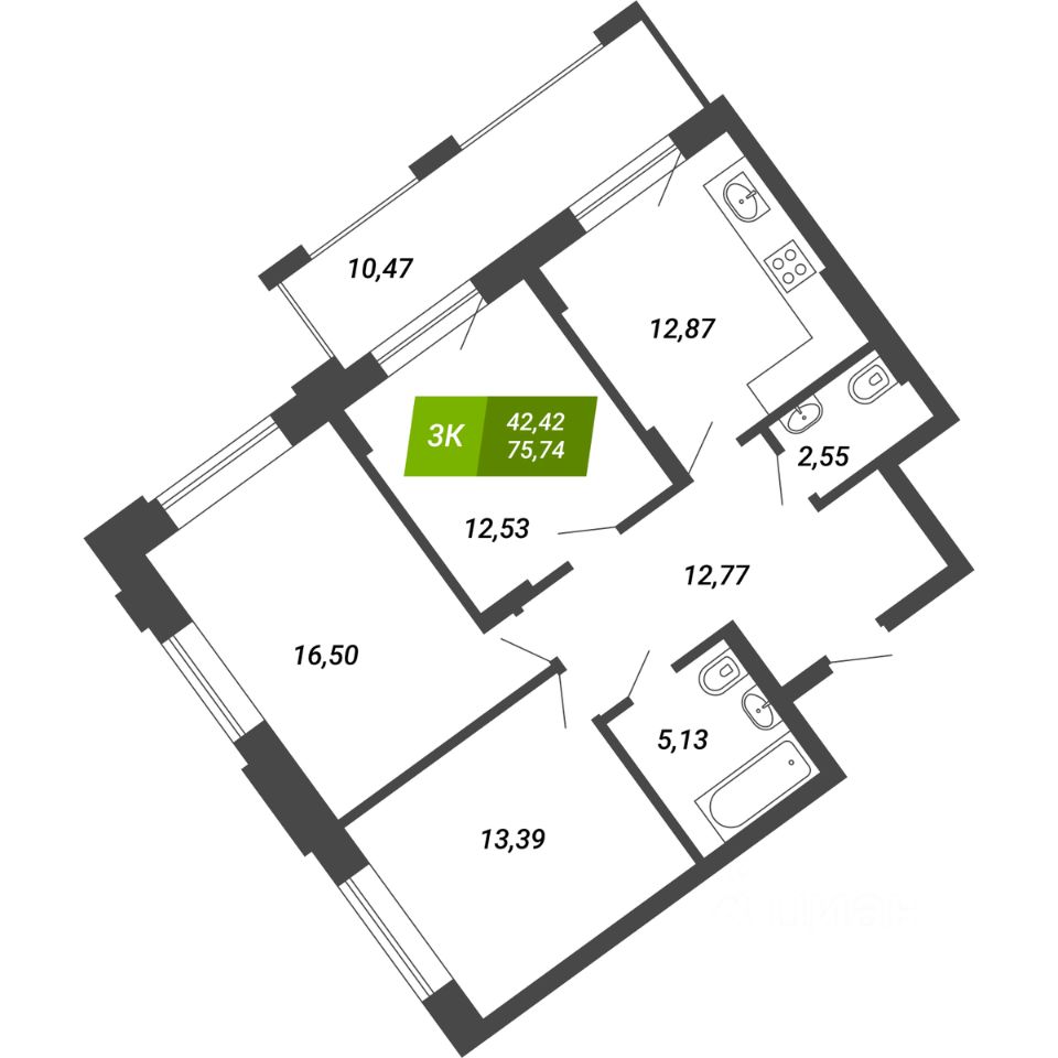 3-комн.кв., 75,7 м², 7/28 этаж