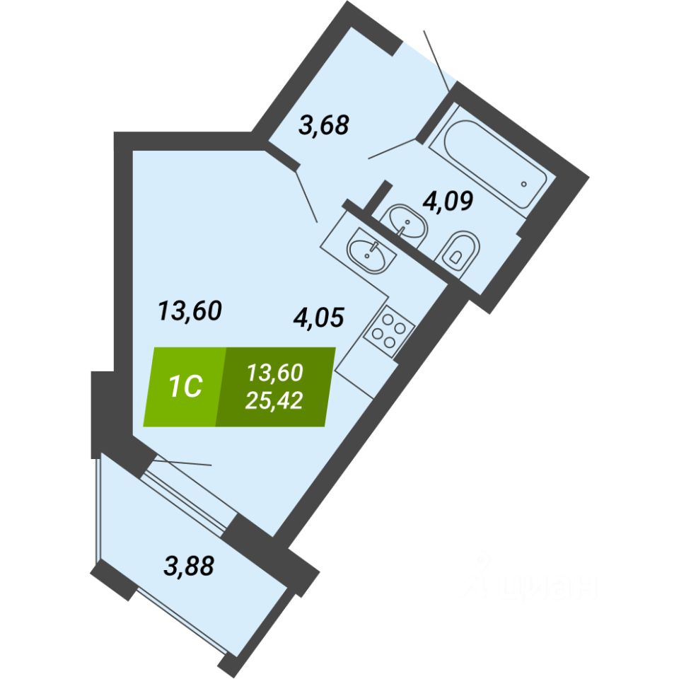Студия, 25,4 м², 5/28 этаж