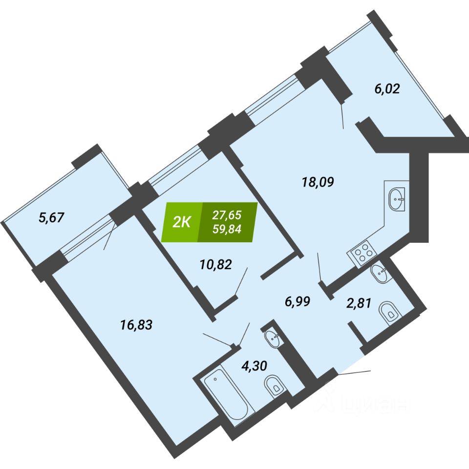 2-комн.кв., 59,8 м², 18/28 этаж