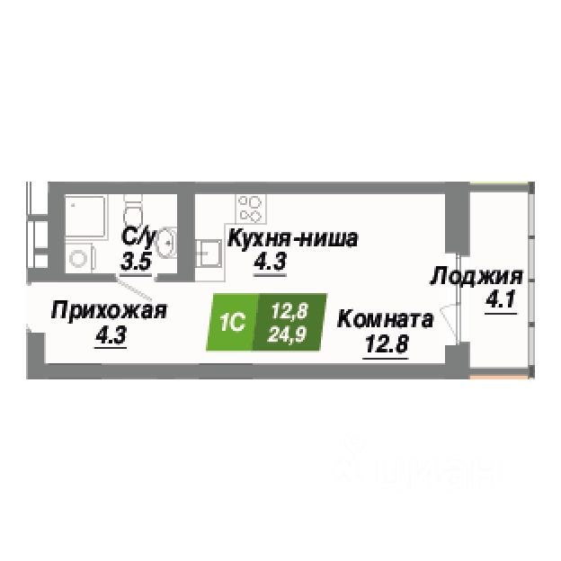 Студия, 24,9 м², 16/23 этаж