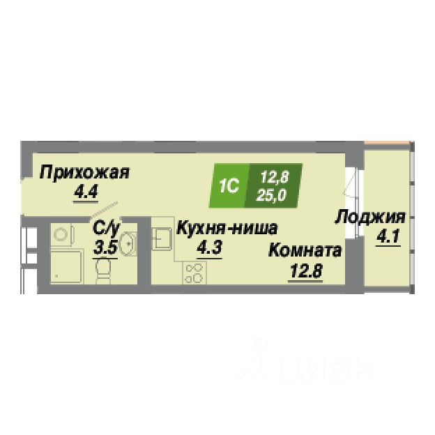 Студия, 25 м², 6/23 этаж