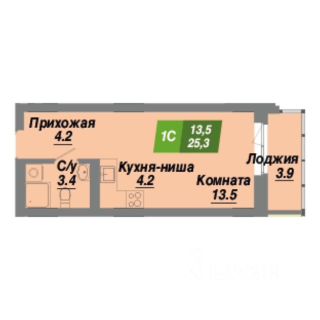 Студия, 25,3 м², 21/23 этаж