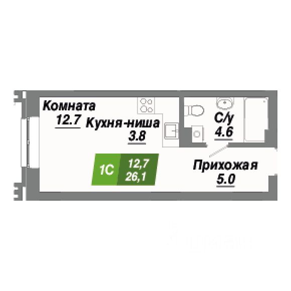 Студия, 26,1 м², 2/23 этаж