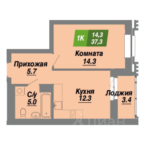 1-комн.кв., 37,3 м², 6/23 этаж
