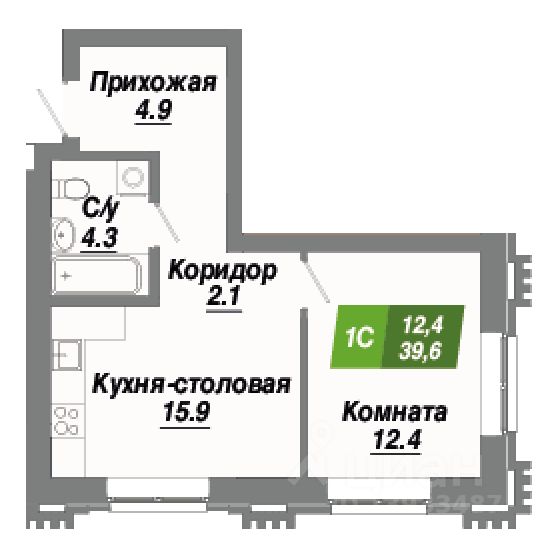 1-комн.кв., 39,6 м², 2/23 этаж