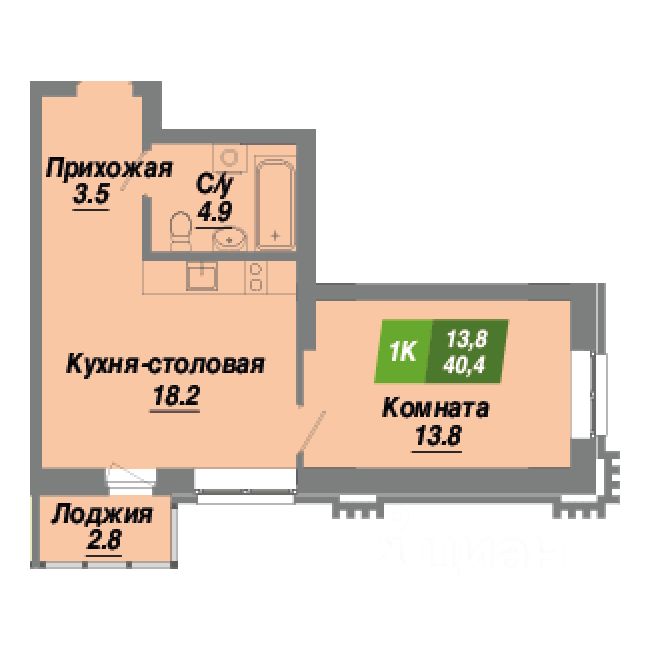 1-комн.кв., 40,4 м², 6/23 этаж