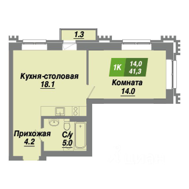 1-комн.кв., 41,3 м², 21/23 этаж