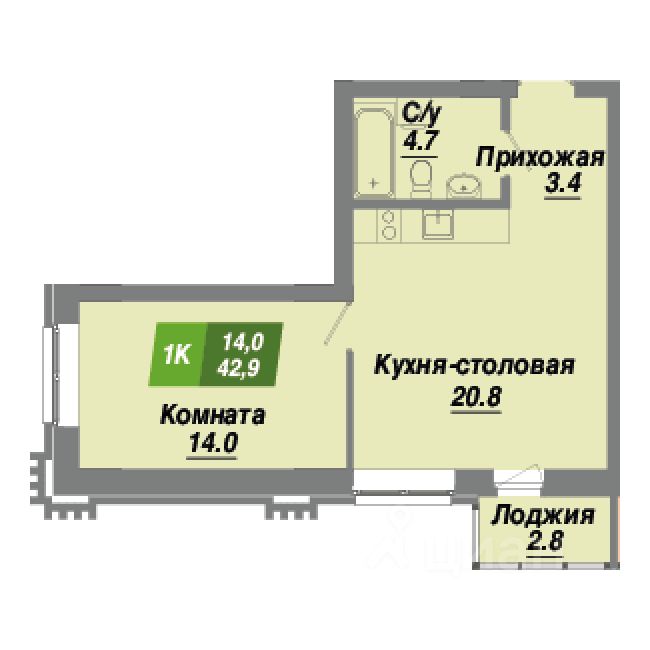 1-комн.кв., 42,9 м², 12/23 этаж