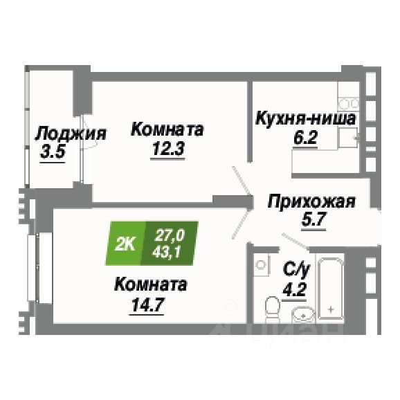 2-комн.кв., 43,1 м², 5/23 этаж