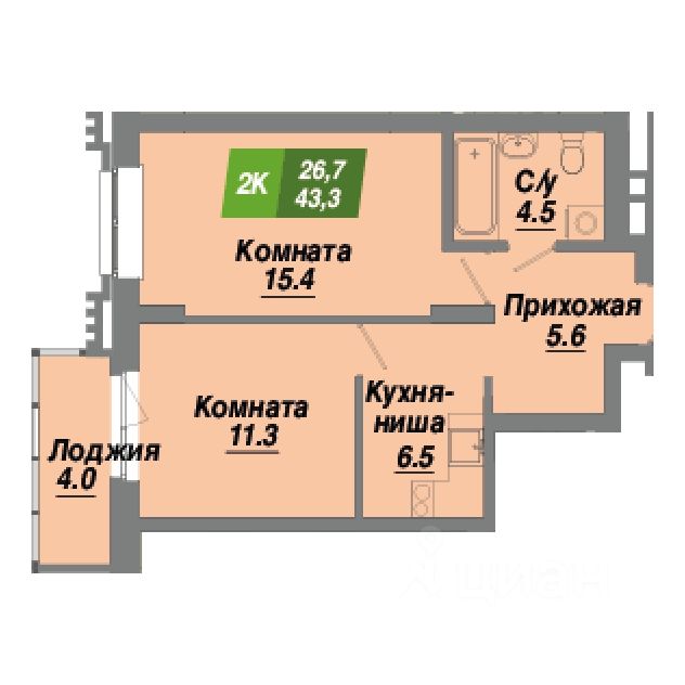 2-комн.кв., 43,3 м², 3/23 этаж