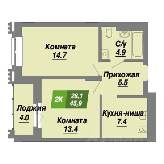 2-комн.кв., 45,9 м², 5/23 этаж