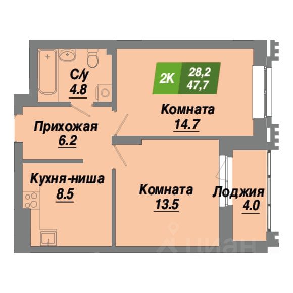 2-комн.кв., 47,7 м², 4/23 этаж