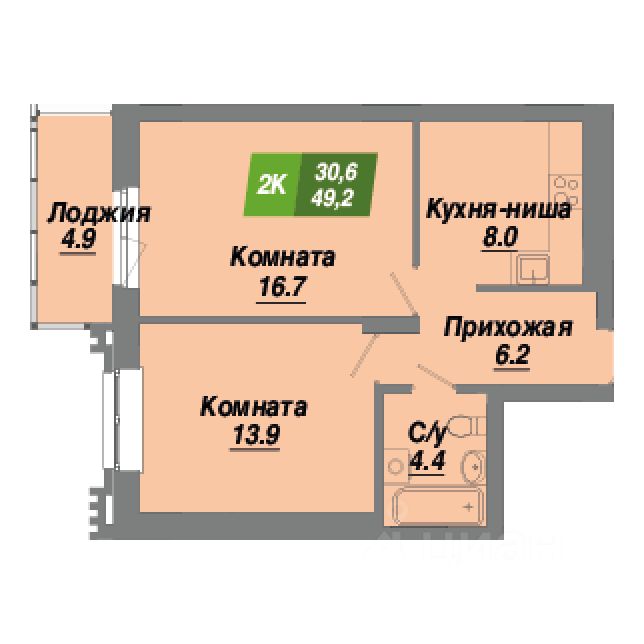 2-комн.кв., 49,2 м², 12/23 этаж