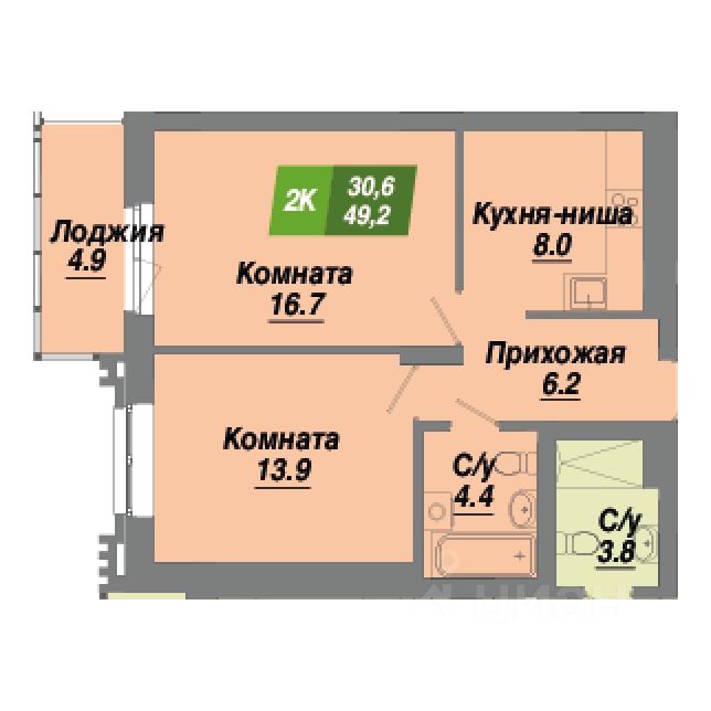 2-комн.кв., 49,2 м², 21/23 этаж