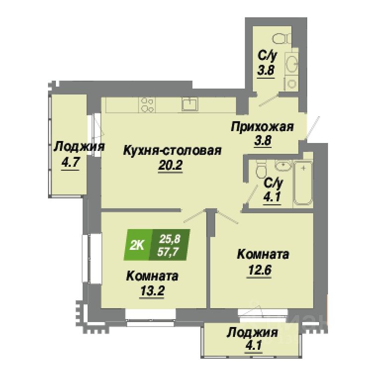 2-комн.кв., 57,7 м², 7/23 этаж