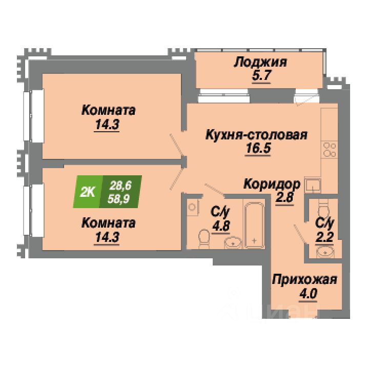 2-комн.кв., 58,9 м², 8/23 этаж