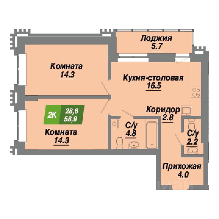 2-комн.кв., 58,9 м², 11/23 этаж