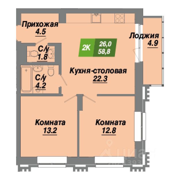 2-комн.кв., 58,8 м², 3/23 этаж