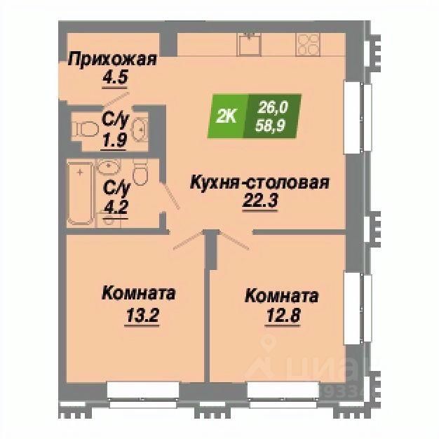 2-комн.кв., 58,9 м², 2/23 этаж
