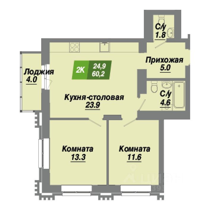 2-комн.кв., 60,2 м², 5/23 этаж