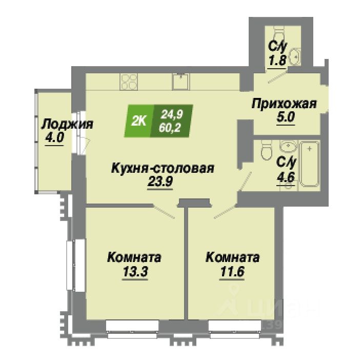 2-комн.кв., 60,2 м², 22/23 этаж