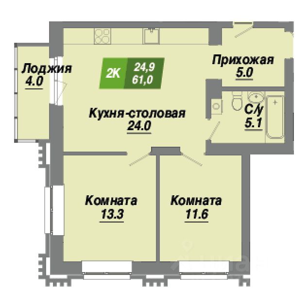 2-комн.кв., 61 м², 3/23 этаж