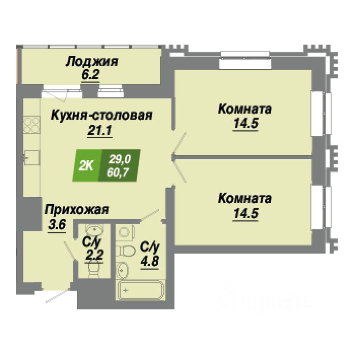 2-комн.кв., 60,7 м², 23/23 этаж