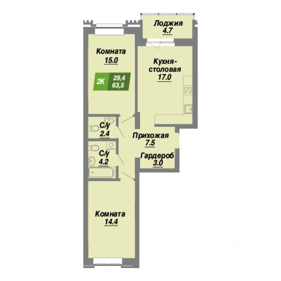 2-комн.кв., 63,5 м², 2/23 этаж