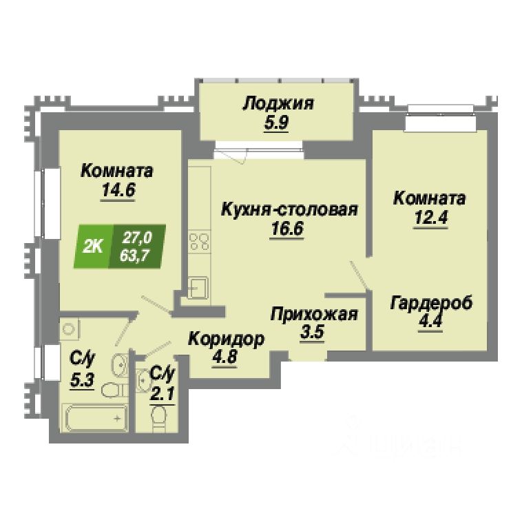 2-комн.кв., 63,7 м², 4/23 этаж