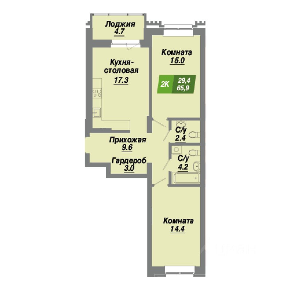 2-комн.кв., 65,9 м², 8/23 этаж