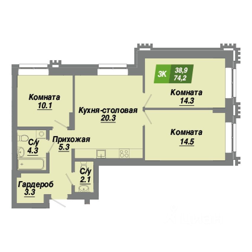 3-комн.кв., 74,2 м², 2/23 этаж