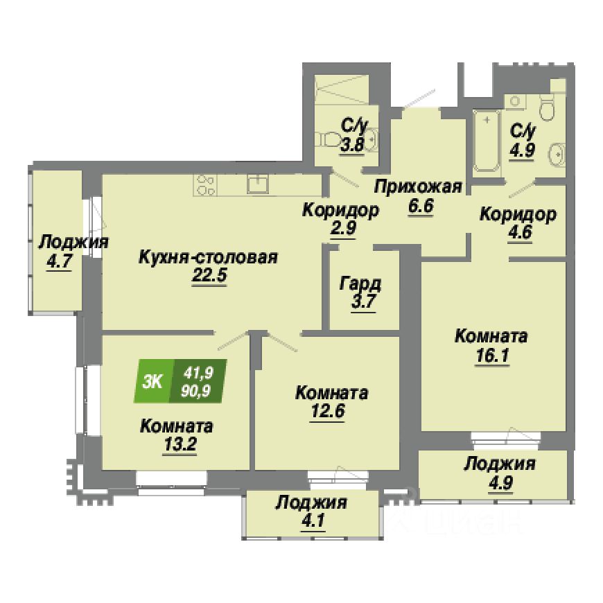 3-комн.кв., 90,9 м², 21/23 этаж