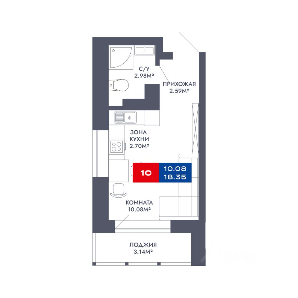 1-комн.кв., 18,4 м², 24/25 этаж