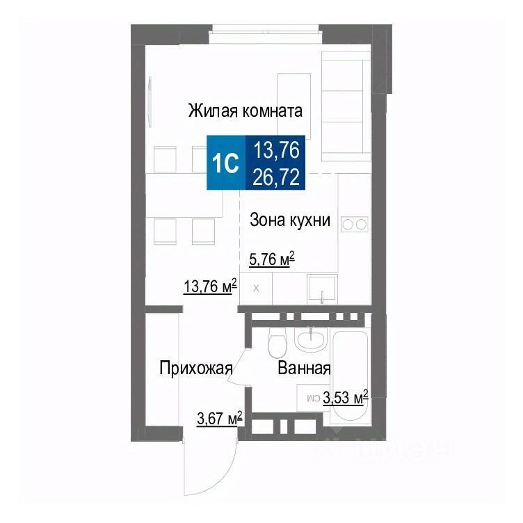 1-комн.кв., 26,7 м², 1/25 этаж