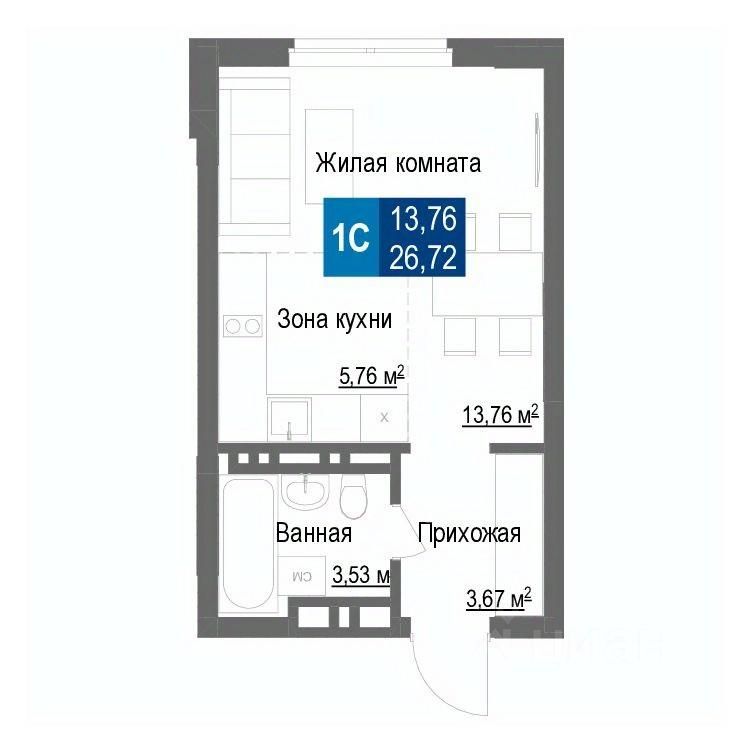 1-комн.кв., 26,7 м², 1/25 этаж