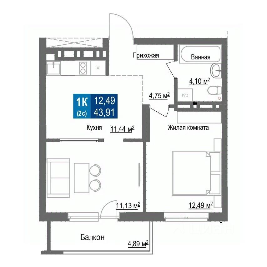 1-комн.кв., 43,9 м², 1/25 этаж