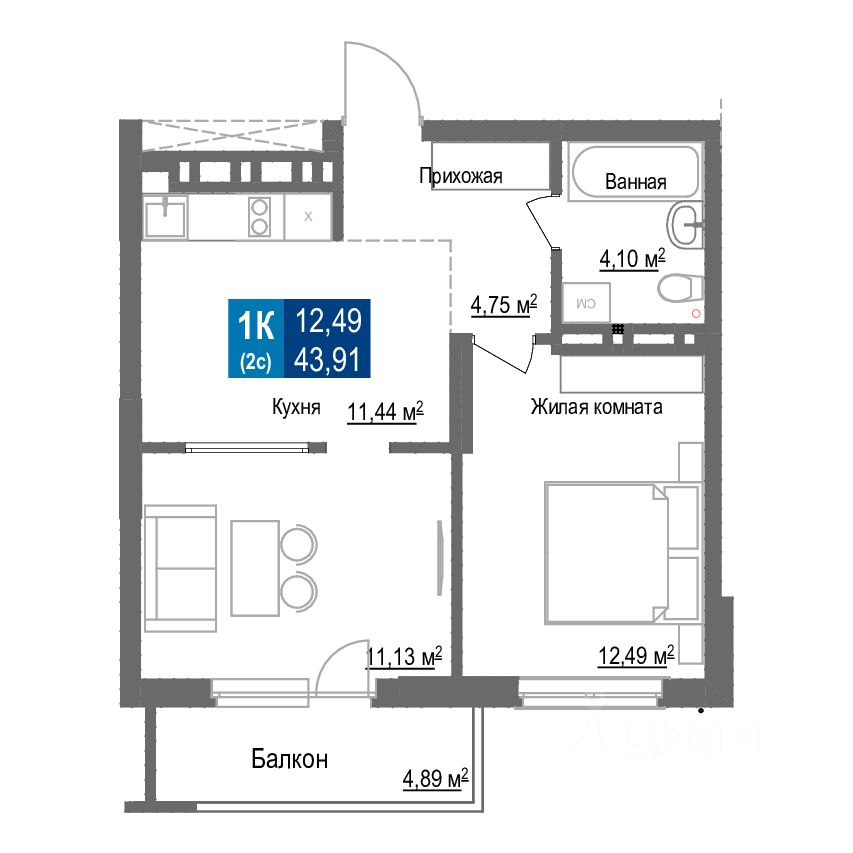 1-комн.кв., 43,9 м², 9/25 этаж