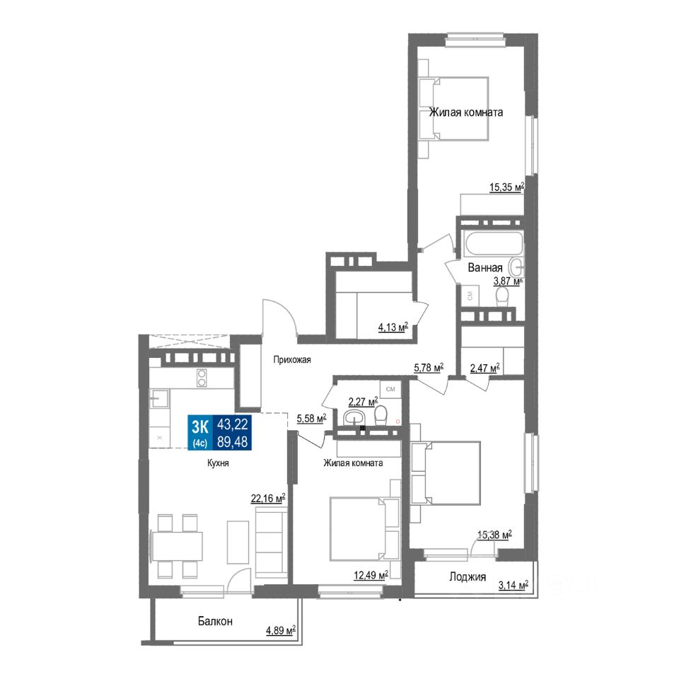 4-комн.кв., 89,5 м², 25/25 этаж