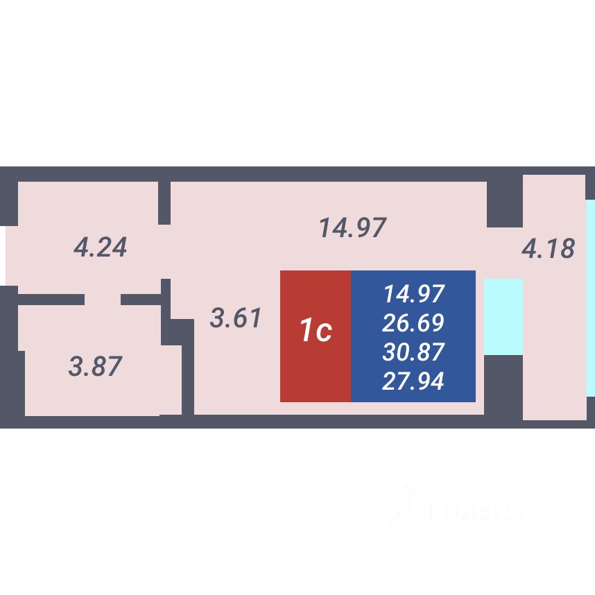 Студия, 26,7 м², 15/25 этаж