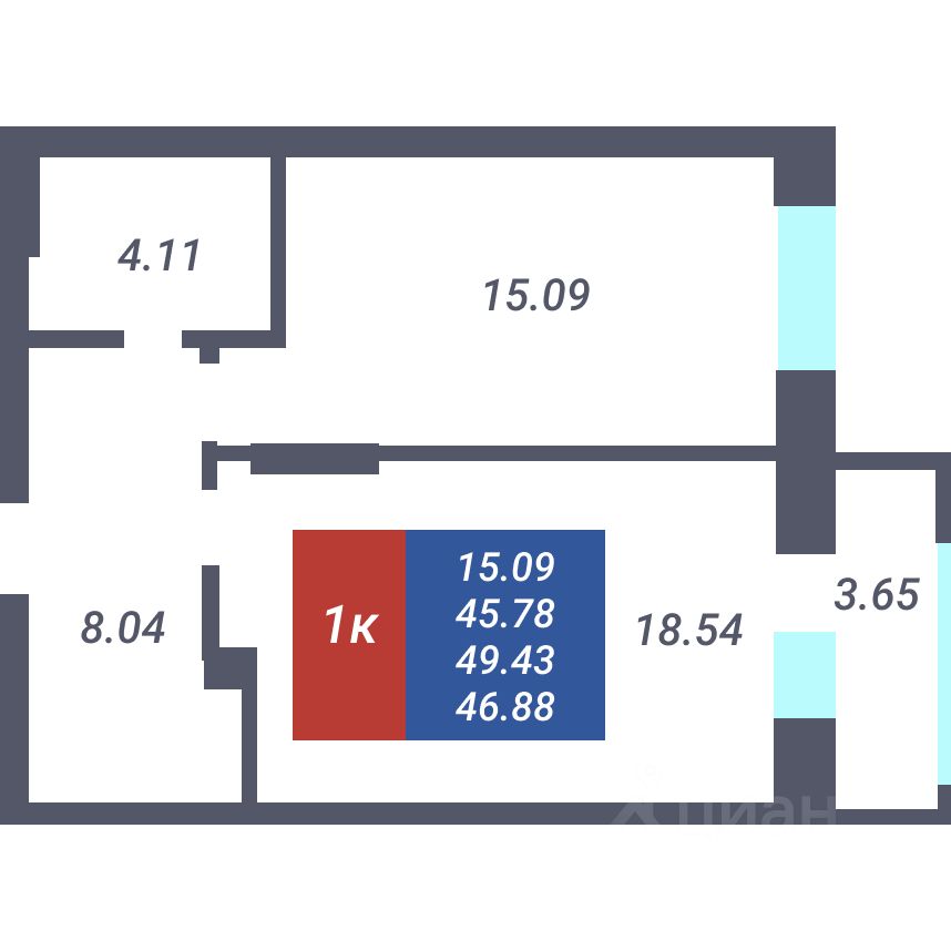 1-комн.кв., 45,8 м², 2/25 этаж