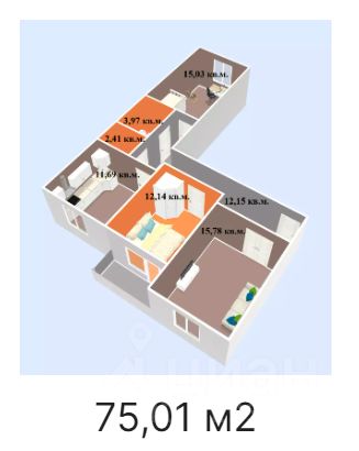 3-комн.кв., 75 м², 6/16 этаж