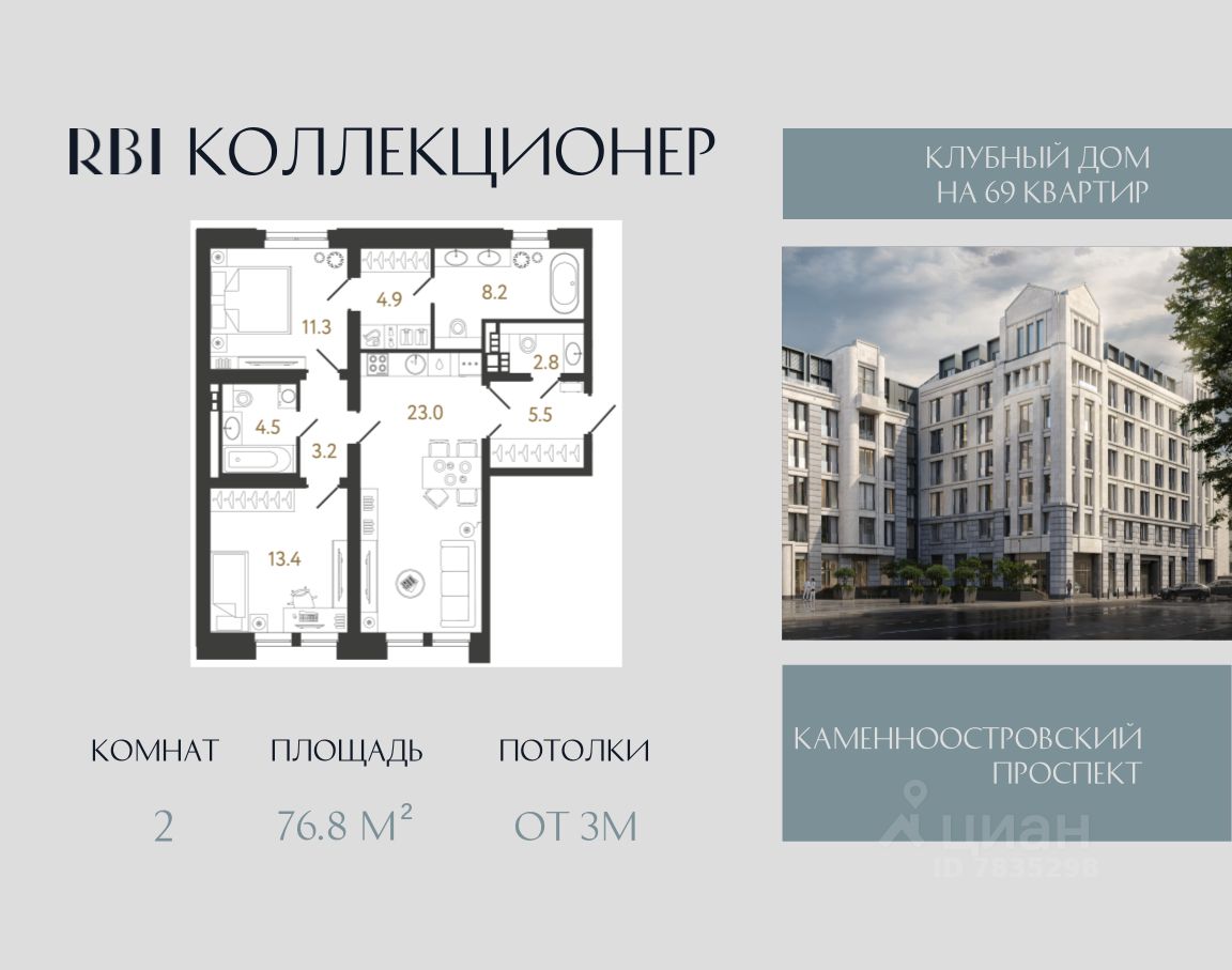 2-комн.кв., 76,8 м², 4/8 этаж