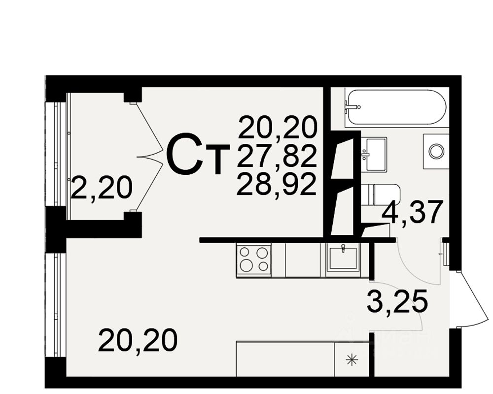 1-комн.кв., 28,9 м², 13/26 этаж